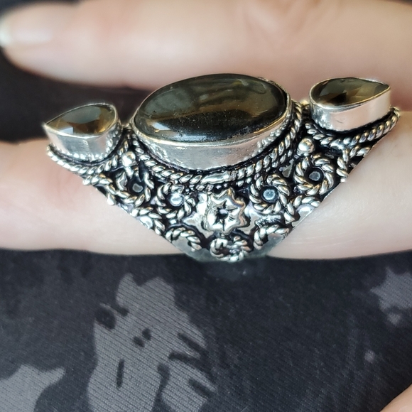 New Silver Sheen Obsidian & Smoky Topaz 925 Silver Statement Ring. - Picture 11 of 13